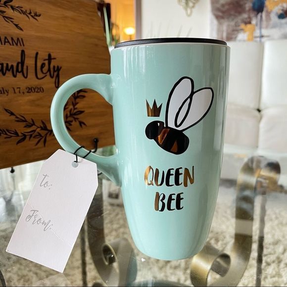 NWT Sheffield Home Beautiful Queen Bee Mint Green Tall Travel Coffee Mug w/ Lid - Picture 4 of 14